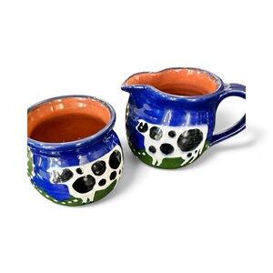 Set of ceramic cream and sugar cow and sheep handmade